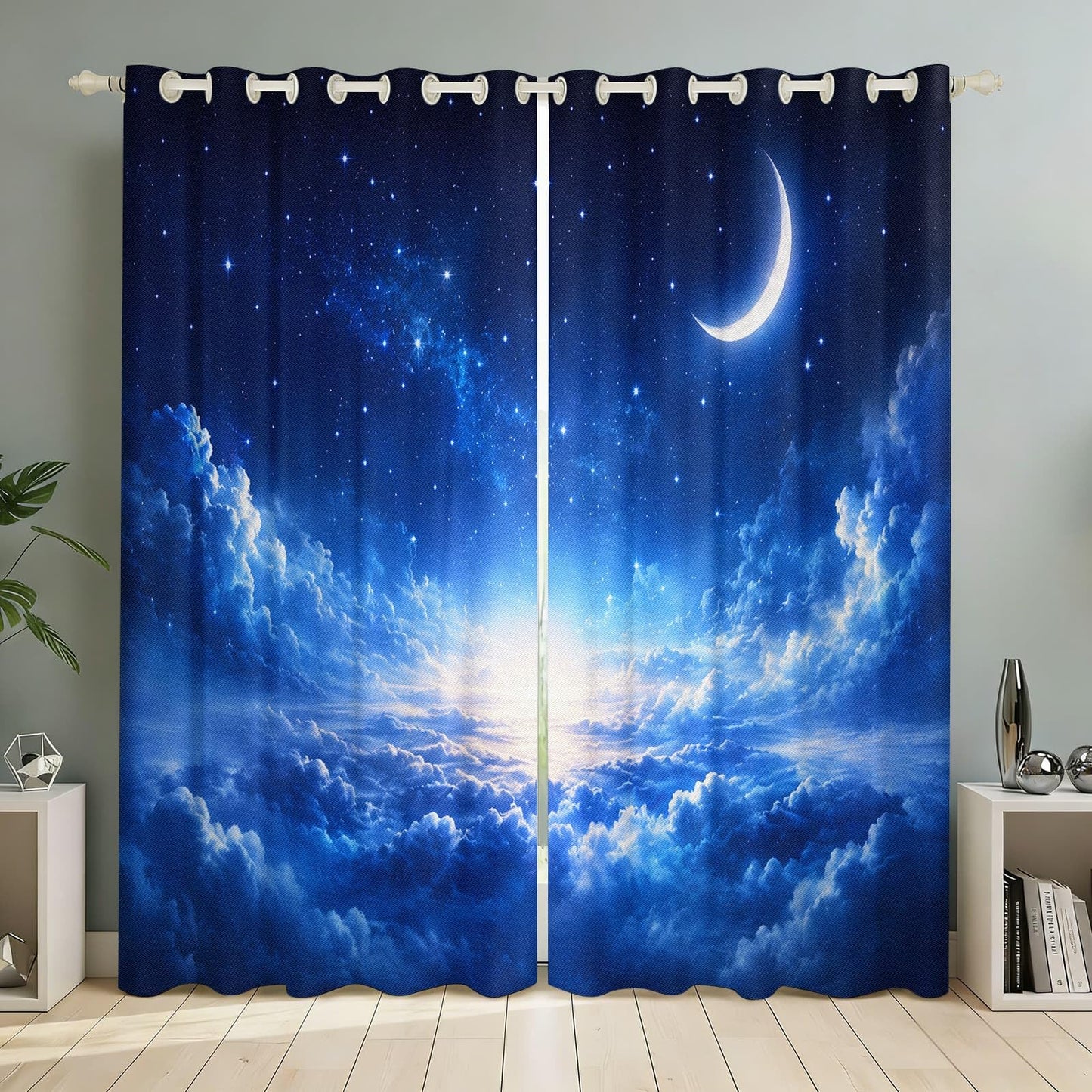 Dreamy Crescent Moon Clouds Blackout Curtains, Fantasy Starry Night Sky Room Darkening Window Drapes for Bedroom Living Room, Thermal Insulated Grommet Top Window Treatments, 2 Panels, 37" W x 63" L