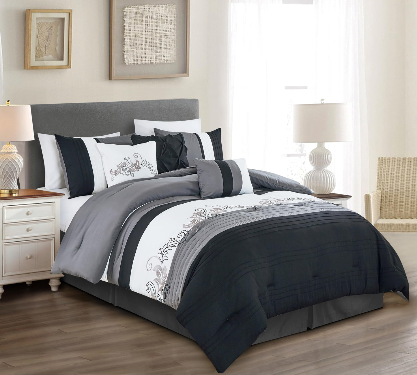 Chezmoi Collection Napa 7-Piece Luxury Leaves Scroll Embroidery Bedding Comforter Set (King, Black/Gray/White)