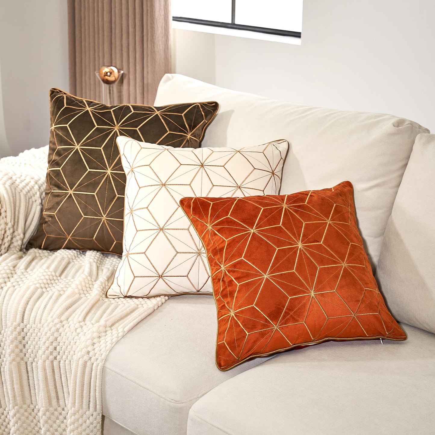 Aeckself Dark Brown Gold Plaid Geometric Throw Pillow Covers 20x20 Inch, Luxury Embroidery Velvet Cushion Case Square Modern Decorative Pillow Covers for Couch Living Room Bedroom