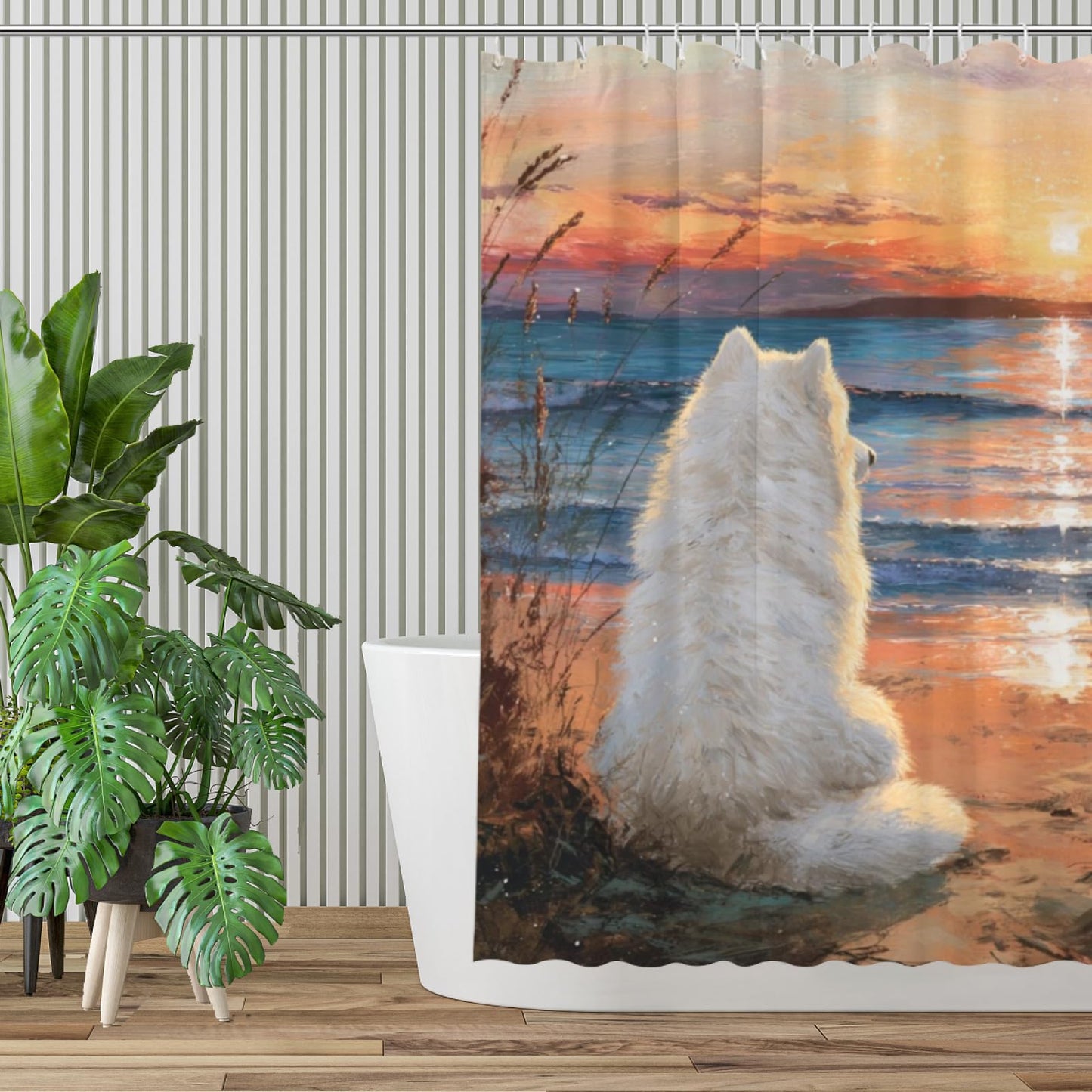 Wordatu Samoyed Shower Curtain on Sunset Sunrise Beach Seascape Art Shower Curtain Set, Nautical Ocean Bath Accessories Coastal Seaside Bathroom Decor 72x72 Inches
