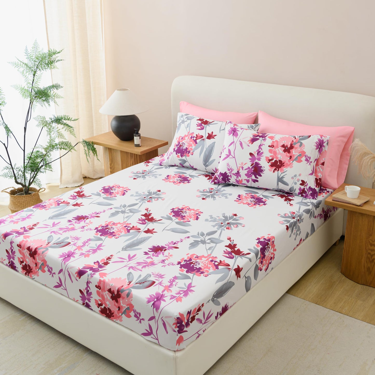 Spirit Linen home 6-Piece Twin Size Bed Sheet Set - Deep Pocket, Floral Print Pattern, Soft and Breathable Bed Sheets, Microfiber Material, Includes 1 Fitted, 1 Flat, 4 Pillowcases - Grey/Pink Floral