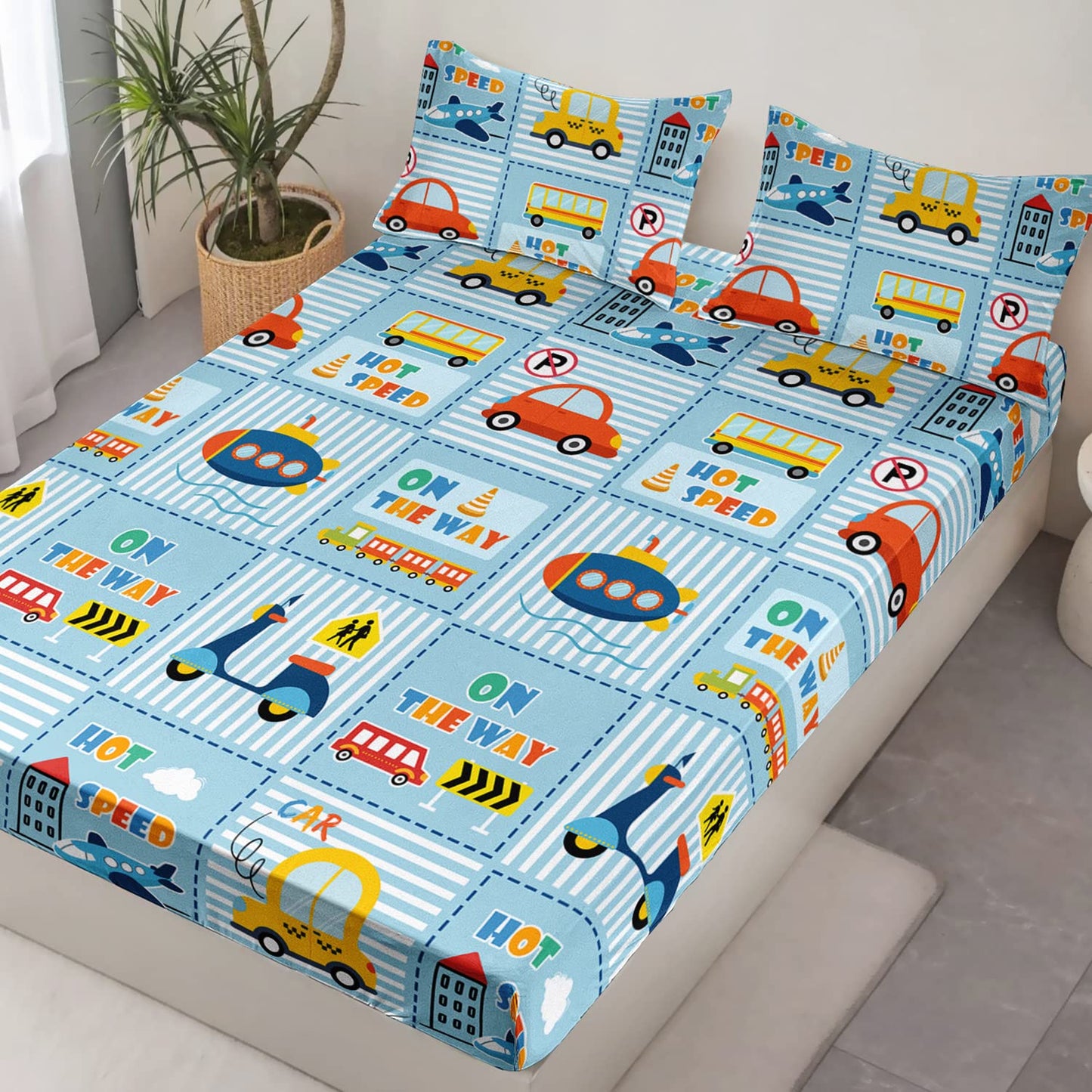 HOSIMA Cartoon Car Kids Fitted Sheet Sets for Girls Boys Room Decor,Transportations Submarine Motorcycle Airplane Pattern Bedding Sets Queen Size,Soft Light Blue Fitted Sheet Set.