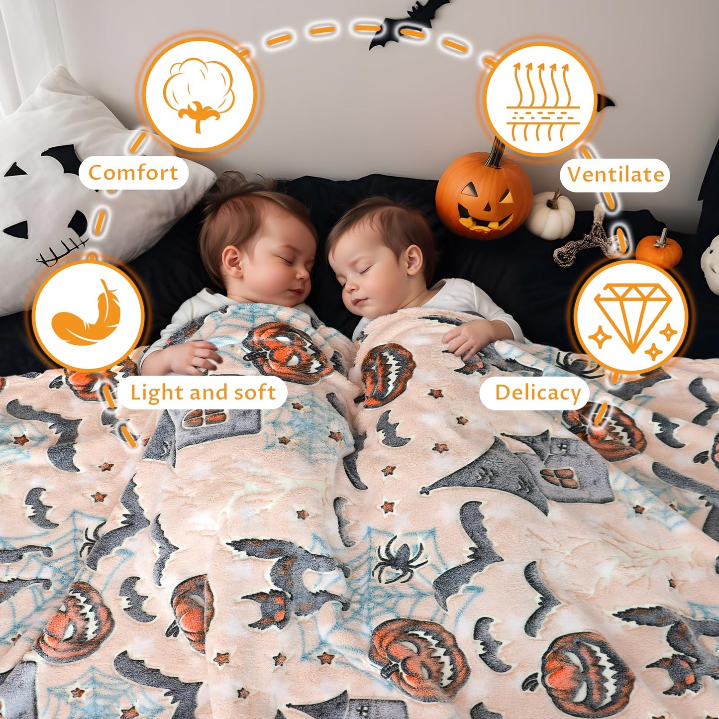 UOFON Halloween Pumpkin Blanket Kids Glow in The Dark Blanket Black Cat Halloween Decor Gifts for Women Boys Girls 50"x60"