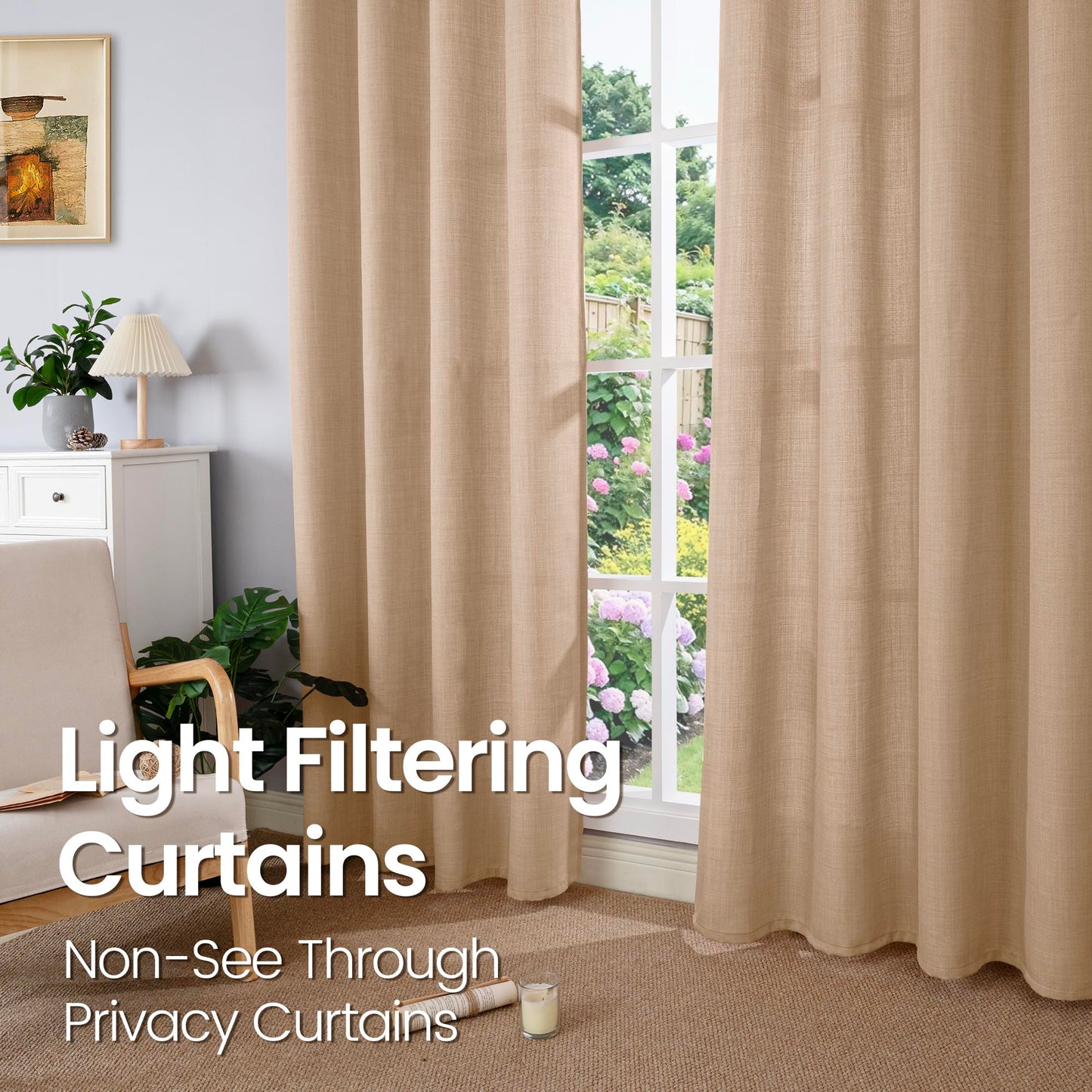BGment Tan Curtains 84 Inch - Linen Burlap Texture Light Filtering Semi Sheer Boho Farmhouse Window Panels for Living Room, Set of 2, 52" Wide