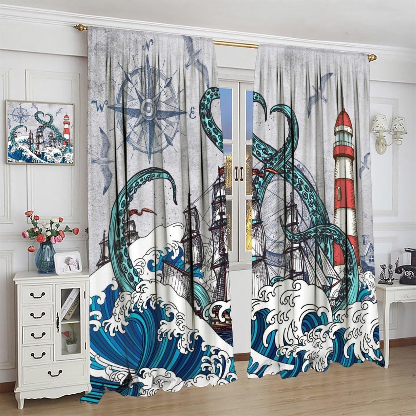 Nautical Curtains Vintage Blue Octopus Sea Monster Sailboat Map Rustic Lighthouse Compass Scene Ocean Beach Windows Treatments Rod Pocket For Boys Kids Living Room Bedroom 42x44.5In（No Blackout）