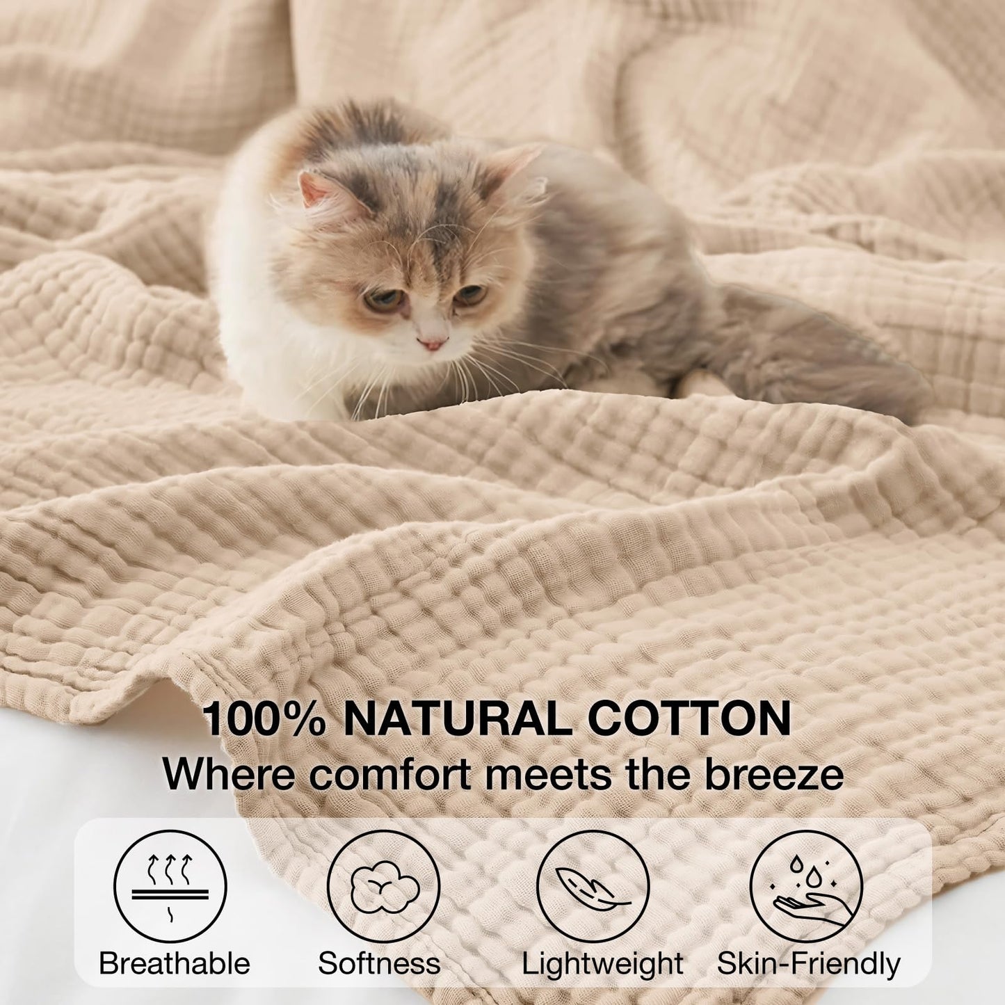 Kozyhvn 100% Cotton King Size Blankets for Bed 108" x 90", 6 Layers Cooling and Soft Muslin Throw Blanket, Lightweight Quilt Bedspread Coverlet, Gauze Blanket for Adults All Season, Linen Beige
