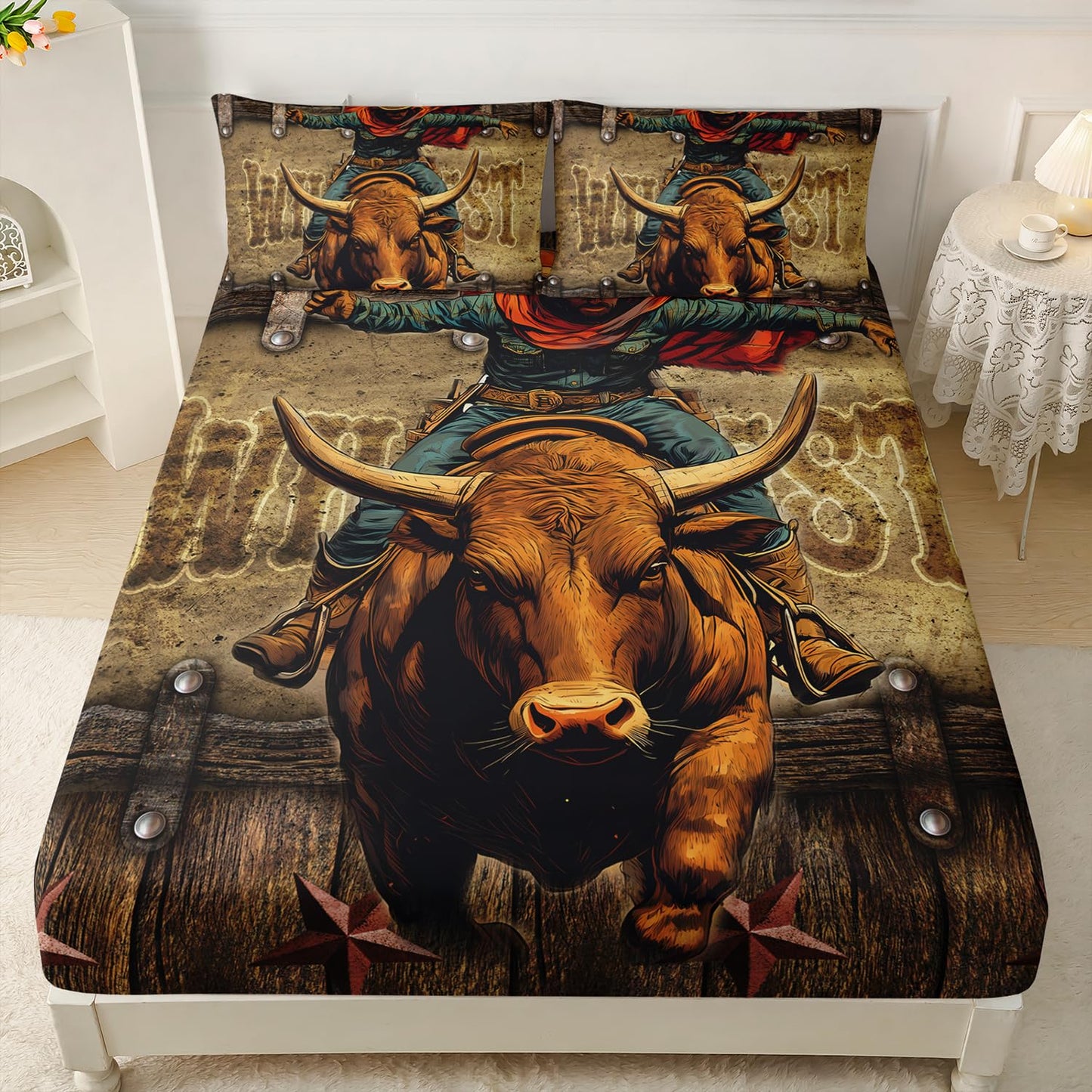 HOSIMA Cowboy Twin Fitted Sheet,Cowboy Riding Cattle Print Western Bedding for Adults Teens Boys Room Decor,Fence Stars Background Pattern Lightweight Bedding,1 Fitted Sheet+2 Pillowcases.