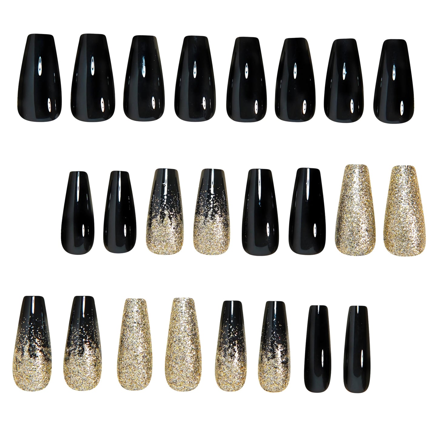 MERVF Coffin Press on Nails Long, Black French Tip Fake Nails Gold Glitter Ombre Design Glue ons Solid Color Luxury Acrylic Nail Glossy 24pcs