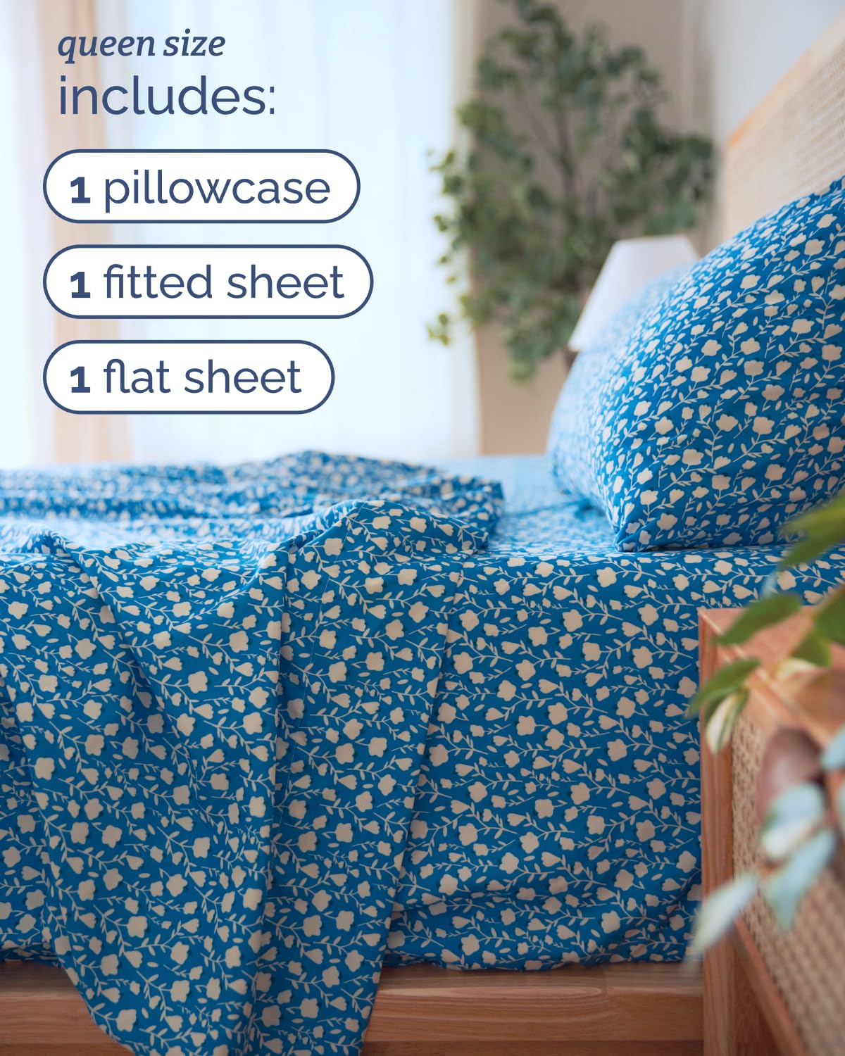 Floral Sheets - Blue & White Bed Sheet Set - 1 Flat, 1 Fitted & 2 Pillowcases w/ Deep Pockets - Comfy, Cozy, Wrinkle & Fade Free - Boho Botanical Bedding - Soft, Breathable & Cooling - Queen Size Set