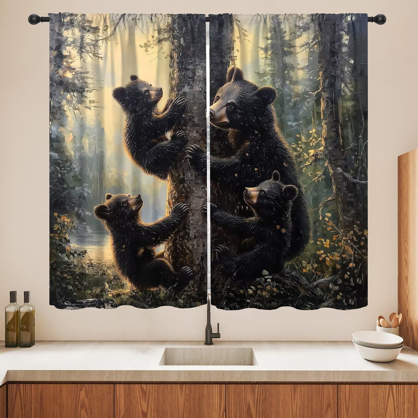 LOMADIA Bear Blackout Curtains, Retro Funny Forest Animal Woodland Wildlife Pattern Drapes, Black Bear Window Treatments Curtain for Kitchen Bedroom Living Room Home Decor 42" W x 45" L