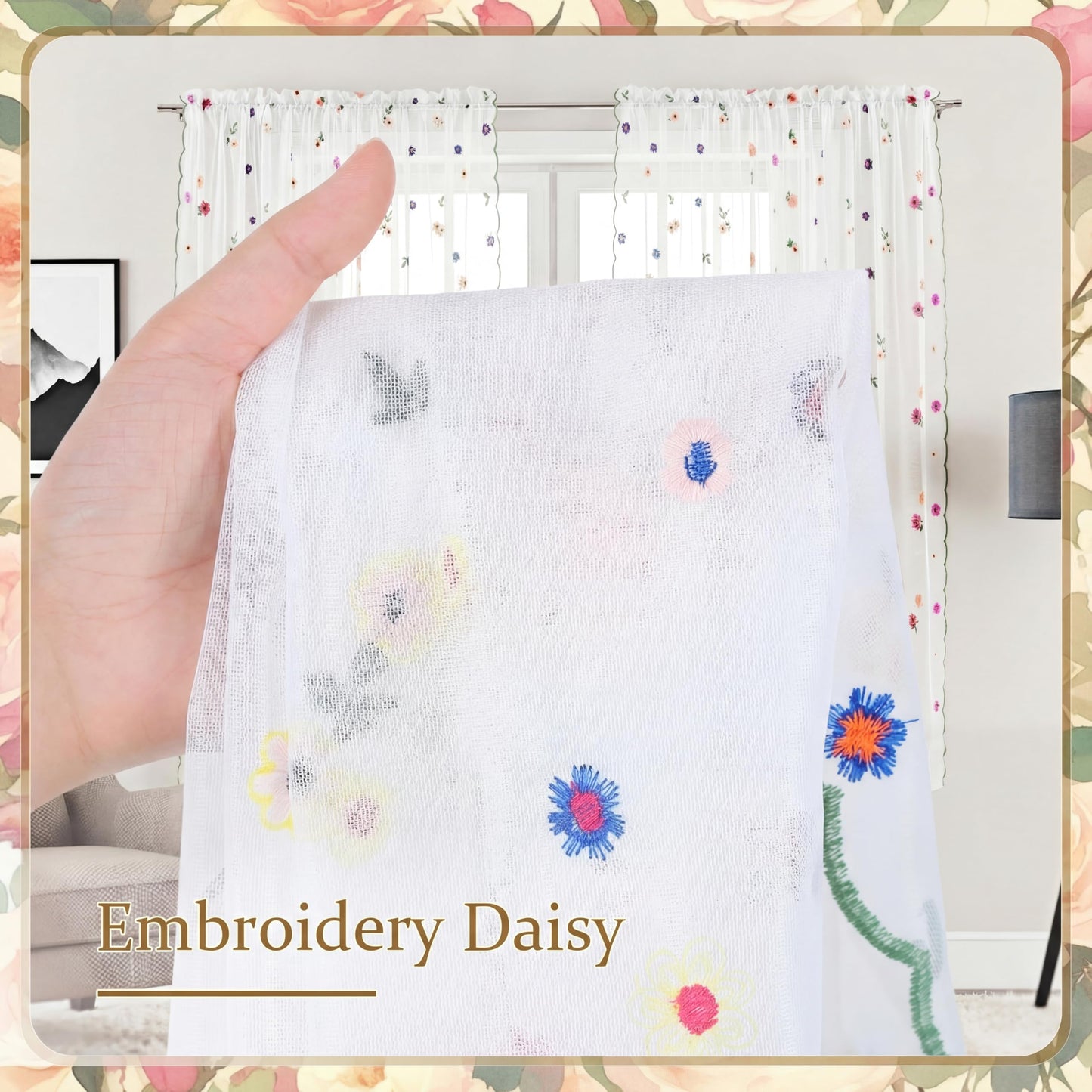 Gilprop White Embroidery Daisy Sheer Curtains 84 Inches Long, Rod Pocket Sheer Drapes for Living Room Bedroom, 2 Panels, 52" W x 84" L, Country Rustic Embroidered Florals Tulle Window Curtains