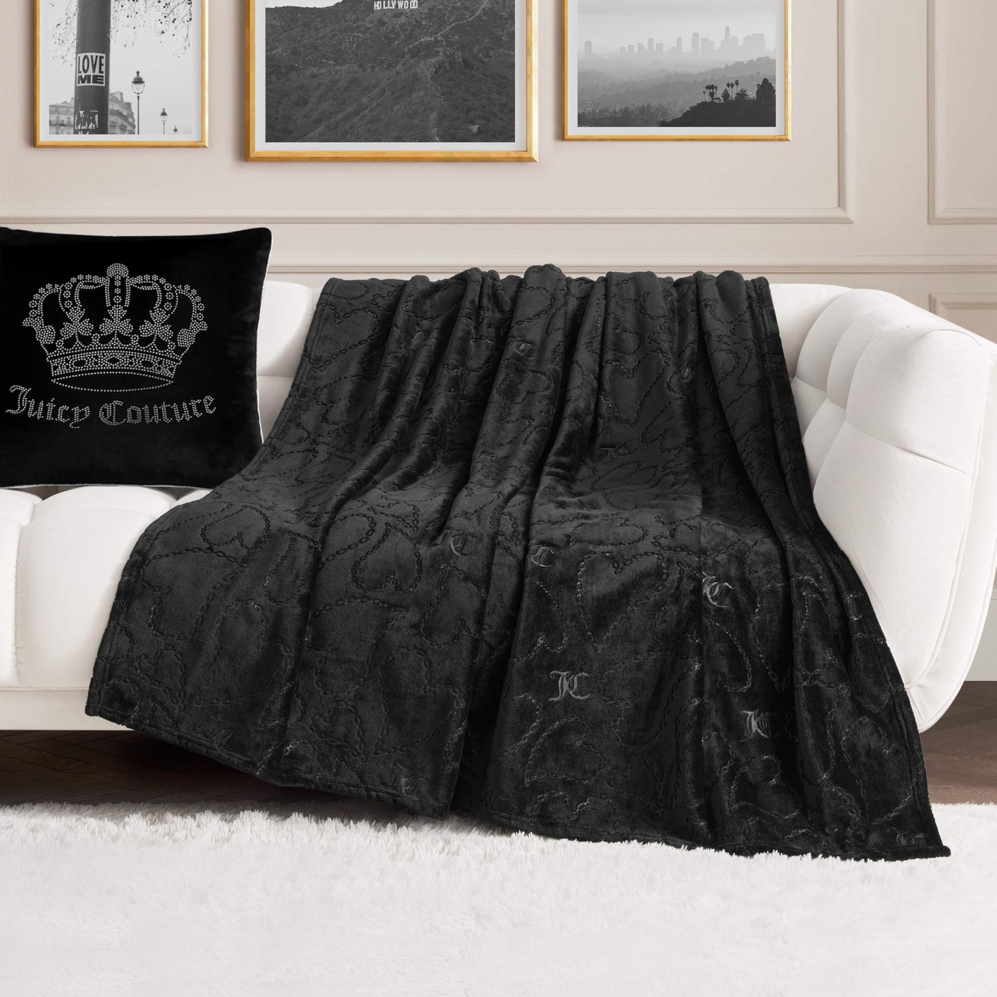 Juicy Couture Embossed Plush 60"x70" Oversized Throw Blanket, Chain Hearts Black