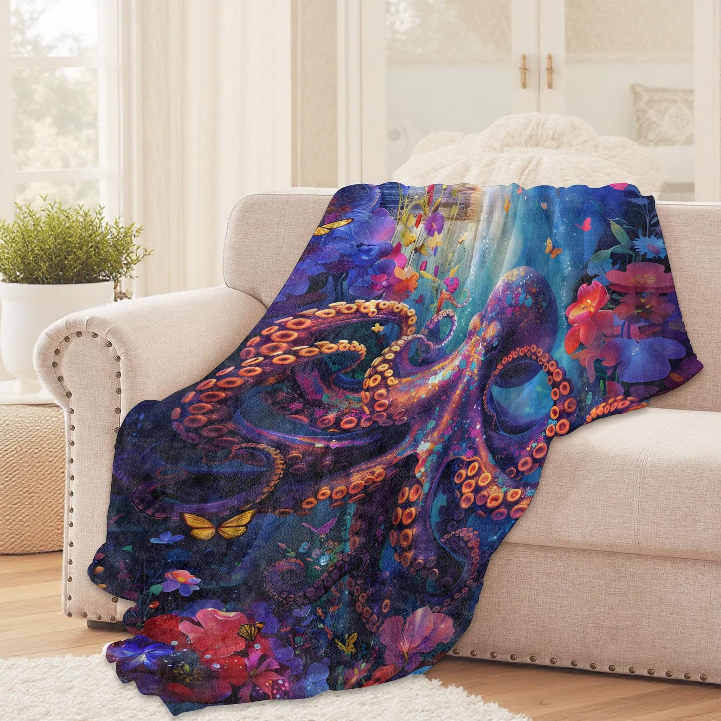 Octopus in Coral Reef Throw Blanket for Girls Boys Kids Adults, 50x60 in, Cozy Flannel Blanket for Bedroom, Camping, Couch, Room Decor, Fuzzy Warm Soft Gifts