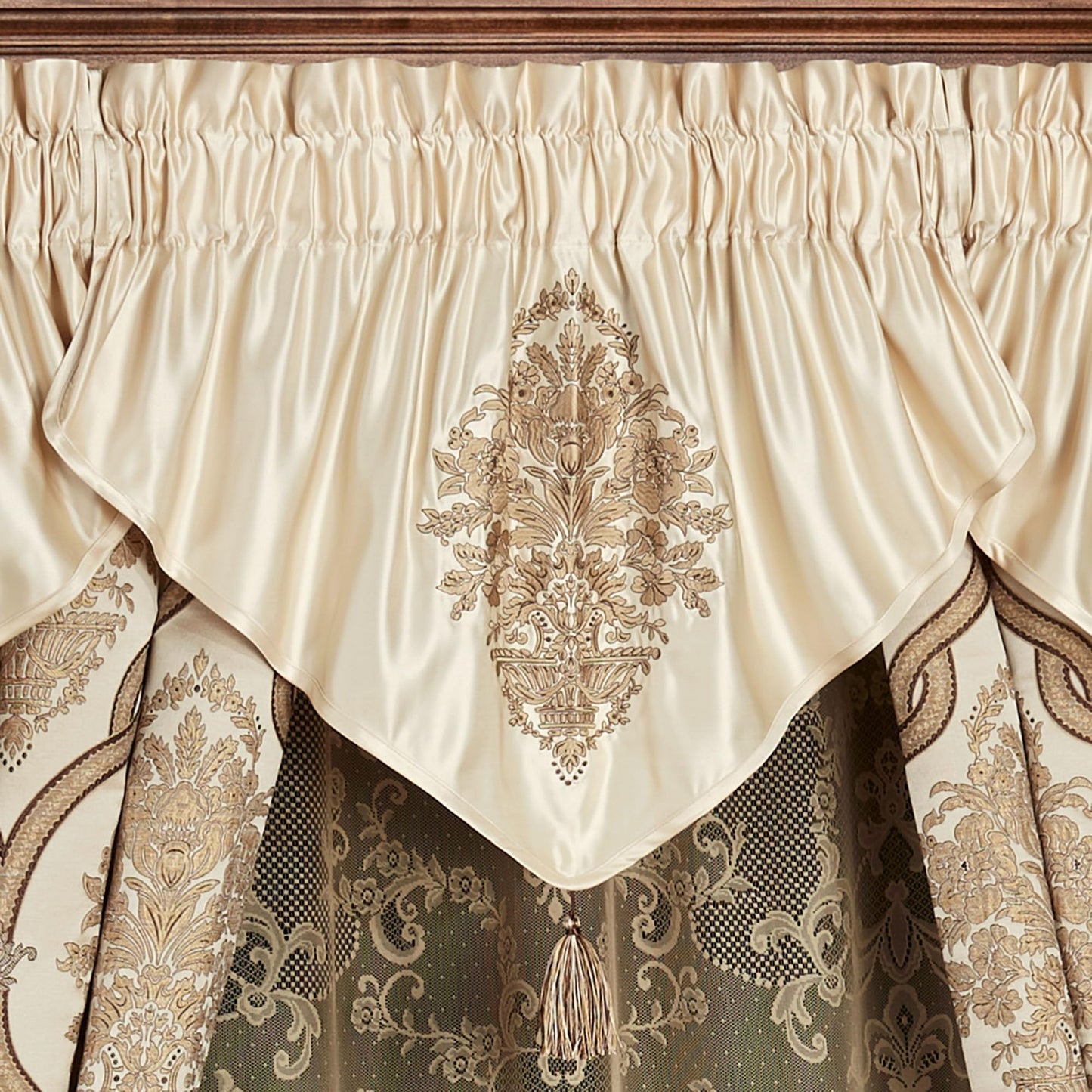 Luxurious Barrington Traditional Window Treatment | Sophisticated Jacquard Woven Damask Medallion Quatrefoil | Light Gold, Champagne, Chocolate | Drapery Set | Wide 95L Curtain Pair, 3 Ascot Valances