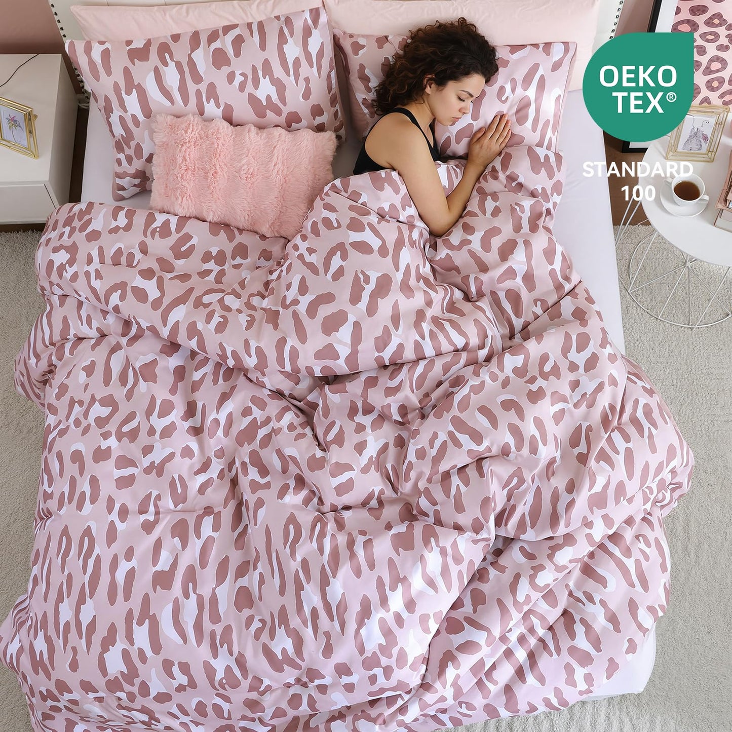 JANZAA Leopard Print Comforter Set King Size - 3 Pieces Animal Cheetah Printed Comforter Set, Cozy Soft Fluffy Pastel Pink/Floral Print Bedding Set with 2 Pillowcases for All Season