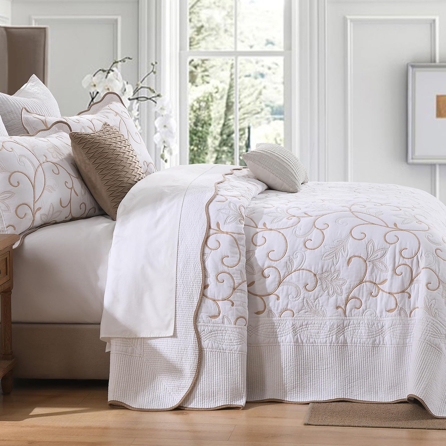 FineStichery 100% Cotton Oversized Bedspread Quilt Coverlet Set, 128"x120" Extra Large Cal King Bedspreads with Pillow Shams, Lightweight Embroidered Bedding Cover 3 Piece, White/Beige