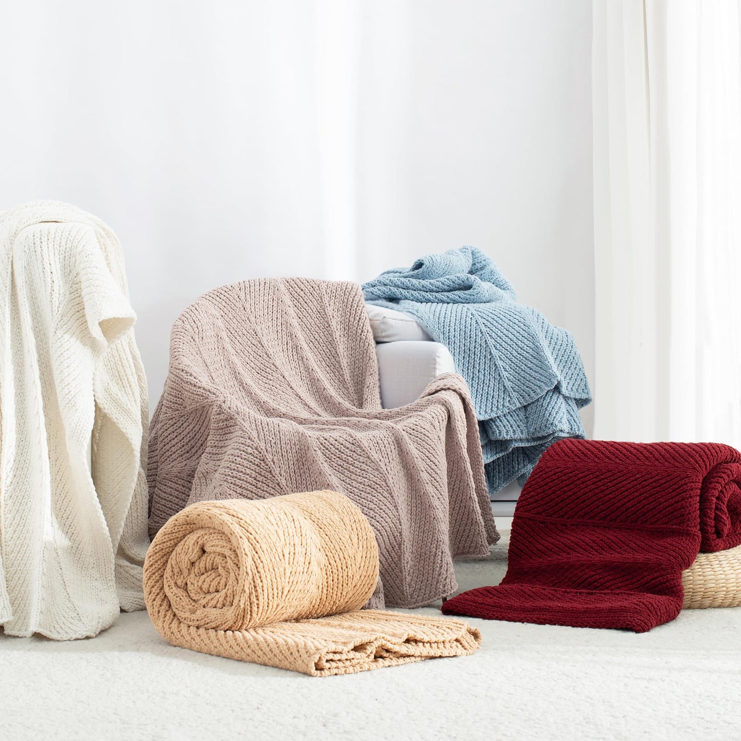 CloudDwelling Chenille Knit Throw Blanket Fluffy Fuzzy Soft Lightweight Cozy Farmhouse Chunky Knitted Throws for Couch Sofa Bed (Taupe, 50"x60")