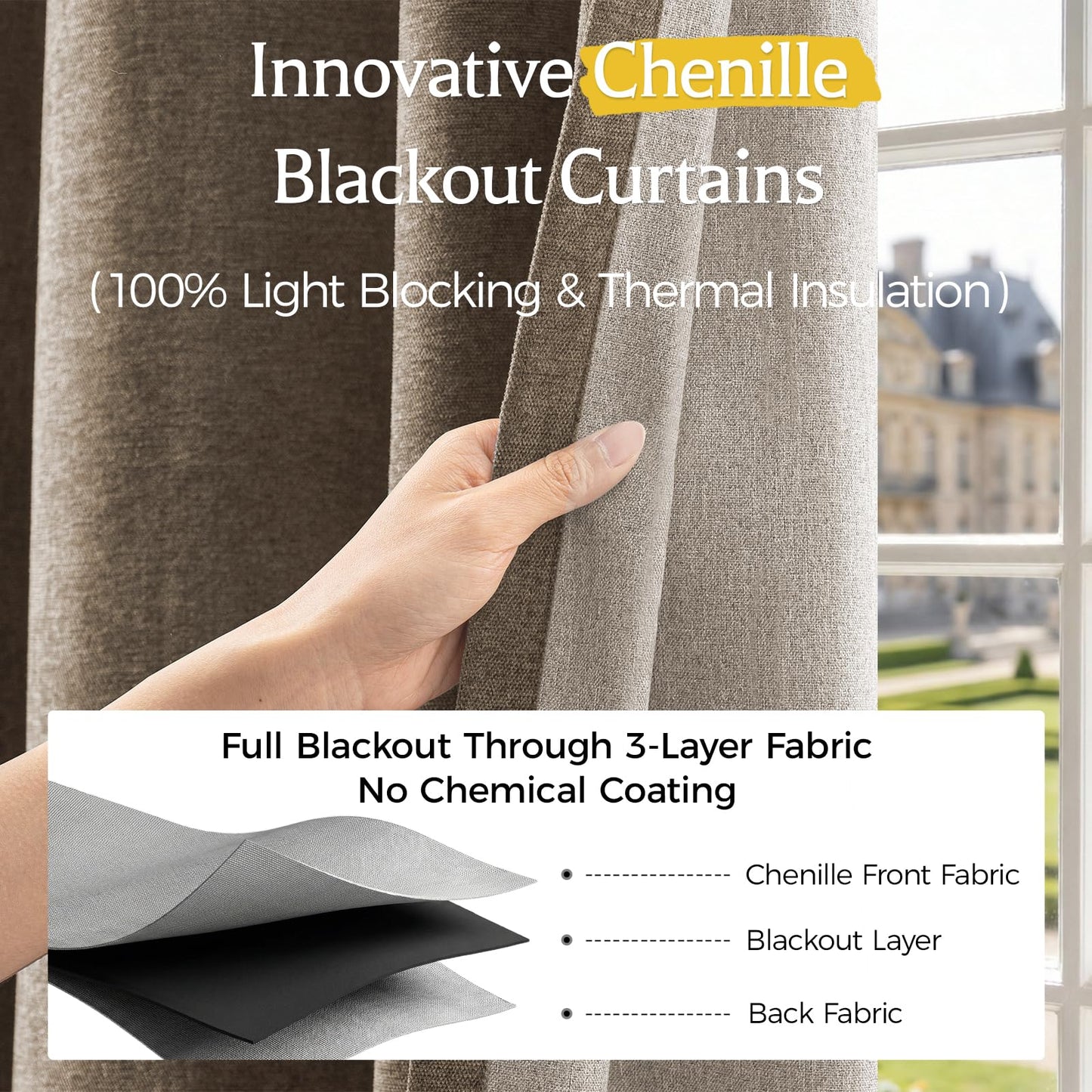 HushLoom 100% Blackout Curtains for Bedroom, Luxury Chenille Thermal Insulated Drapes for Living Room, Energy Saving Room Darkening 84 Inch Long Curtains, Grommet Top, 2 Panels, 52" W x 84" L, Brown