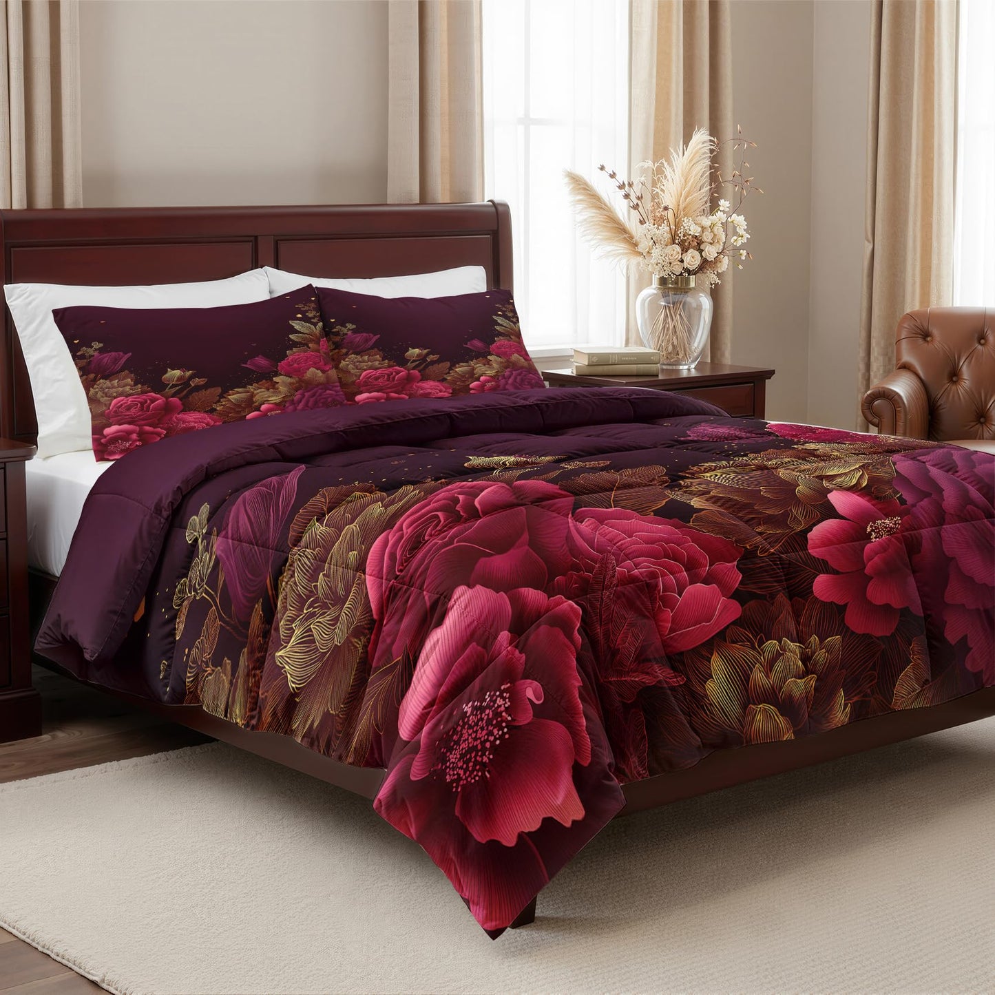 Valentines Day Comforter Set Twin Size 2 Pcs - All Season Duvet Insert & Pillowcase, Red and Gold Floral Bedding Set, Soft Lightweight Down Alternative Comforter, Girls Burgundy Bedroom Decor