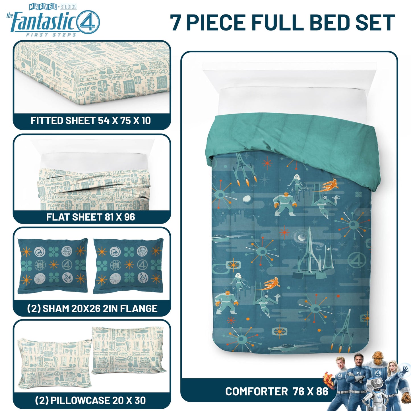 Jay Franco Kids Bed Set, Blue, The Fantastic Four, 7 Piece Full