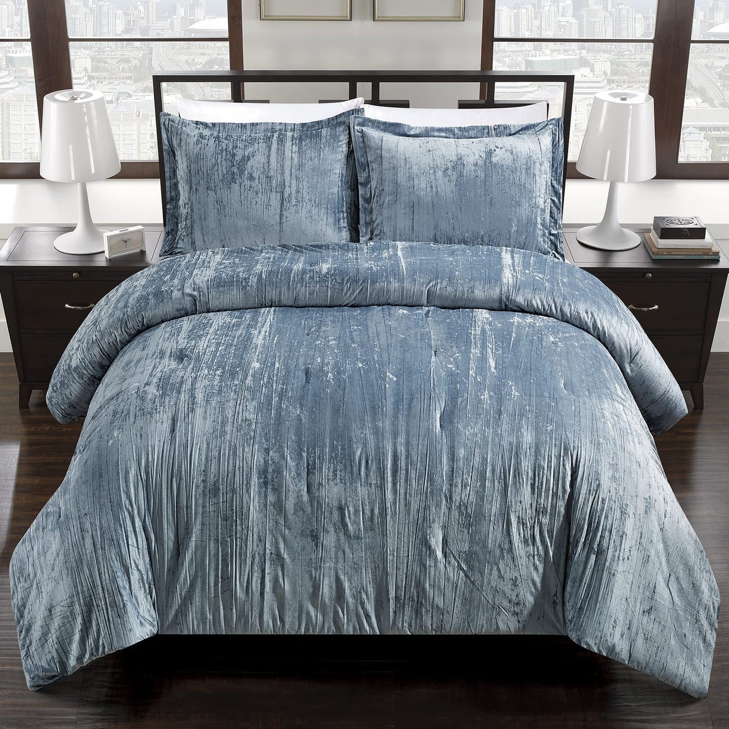 Fredsure Crinkle Velvet Comforter Set, 3 Pieces Blue Queen, Crinkle Velvet Face and Brushed Microfiber Reverse, with Light Poly Fill