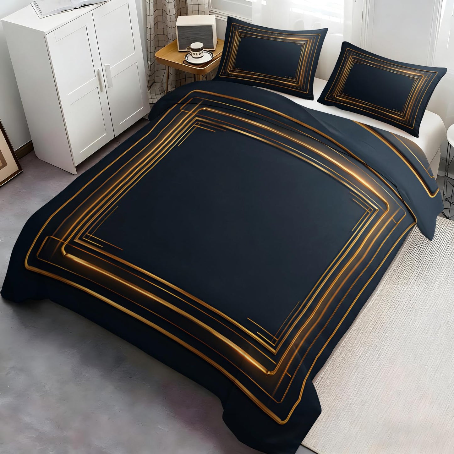 ZAOMIR Gold Geometric Duvet Cover Twin Size, Stripes Bedding Set 3 Piece, Minimalist Dark Blue Patterned Comforter Cover with Zipper Soft Microfiber, 2 Pillowcases