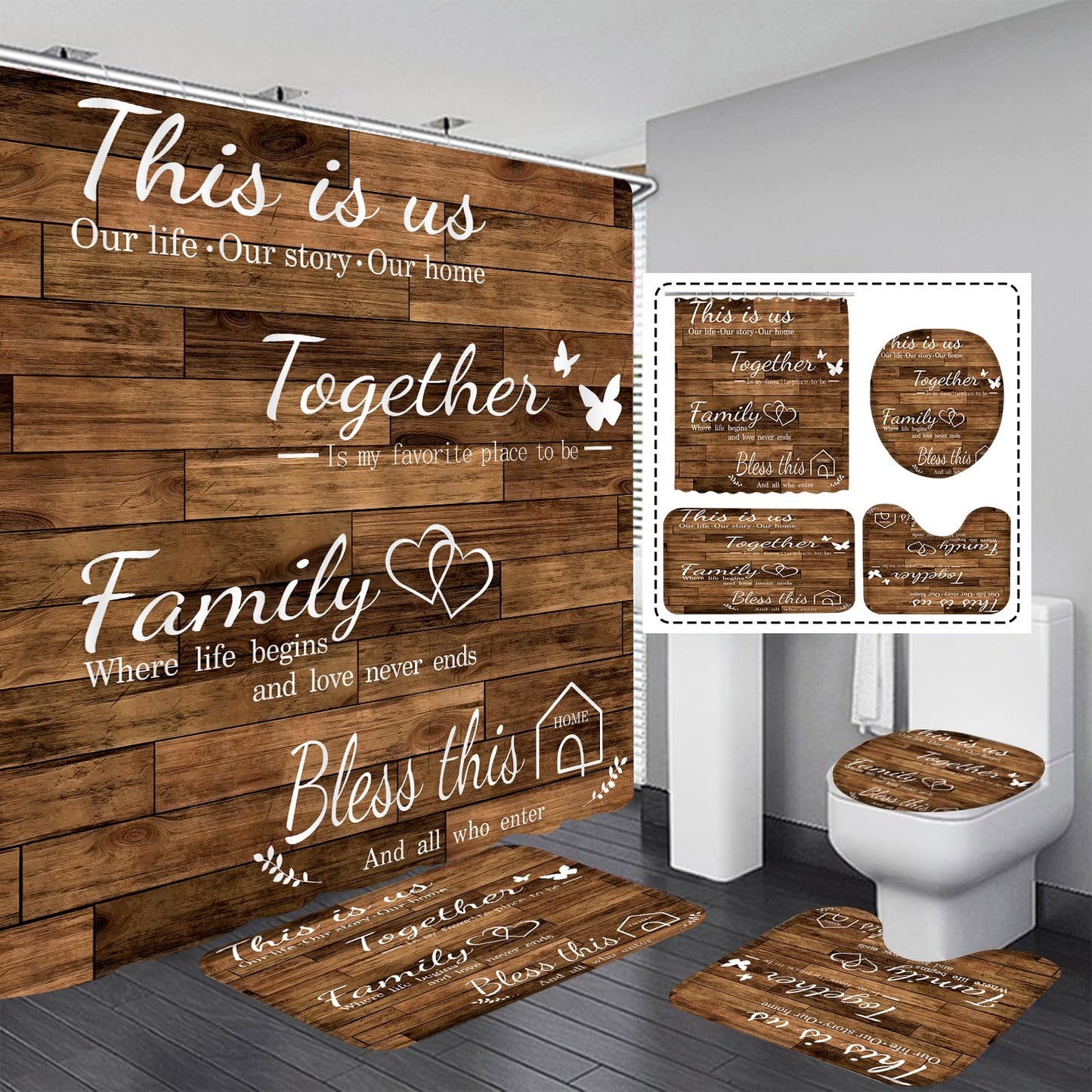 juwute 4Pcs Family Shower Curtain Sets with Non-Slip Rugs, Toilet Lid Cover and Bath Mat, Brown Home Bathroom Decor Set Accessories Waterproof Shower Curtains with 12 Hooks, 72 x 72 Inch