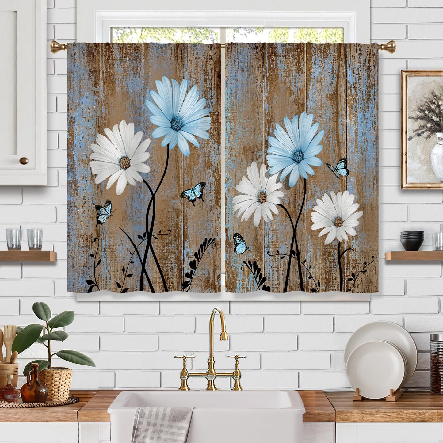 Cizuug Blue Farmhouse Daisy Curtains KitchenWooden Barn Plank Small Short Cafe Window Curtains Butterfly Rustic Country Spring Farm Bathroom Drapes Treatment Tier Curtains 2 Panels