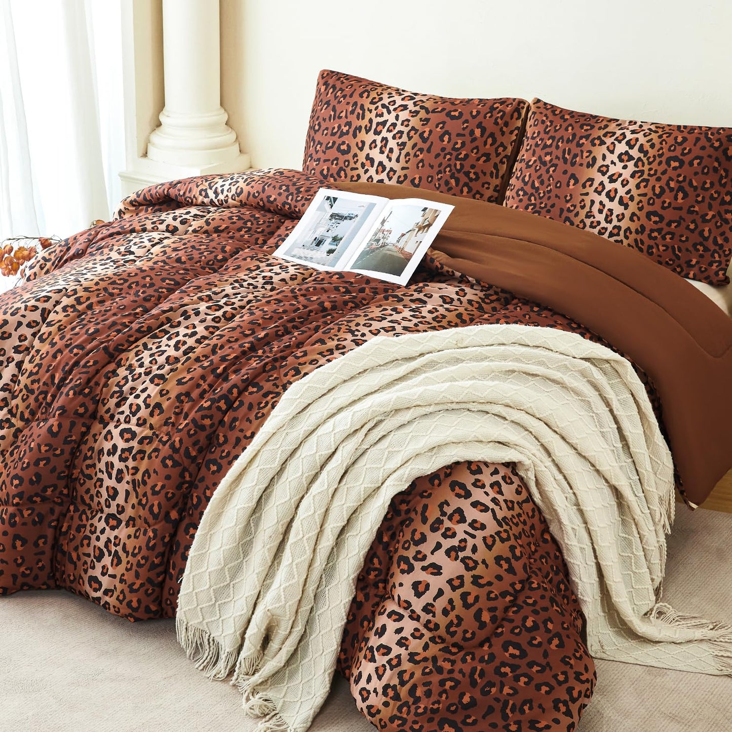 PERFEMET Cheetah Print Comforter Set Queen, 3 Pieces Animal Leopard Print Bedding Set with 2 Pillowcases, Soft Fluffy Farmhouse Leopard Pattern Bed Set for All Season (Brown, Queen)