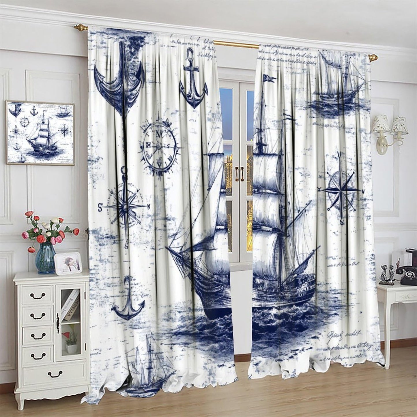 TOWINSFB Medieval Pirate Ship Blackout Curtains for Living Room Bedroom, Vintage Nautical Sailboat Compass Window Curtains Rod Pocket Thermal Insulated Window Drapes, 2 Panels, Each 21W x 45L