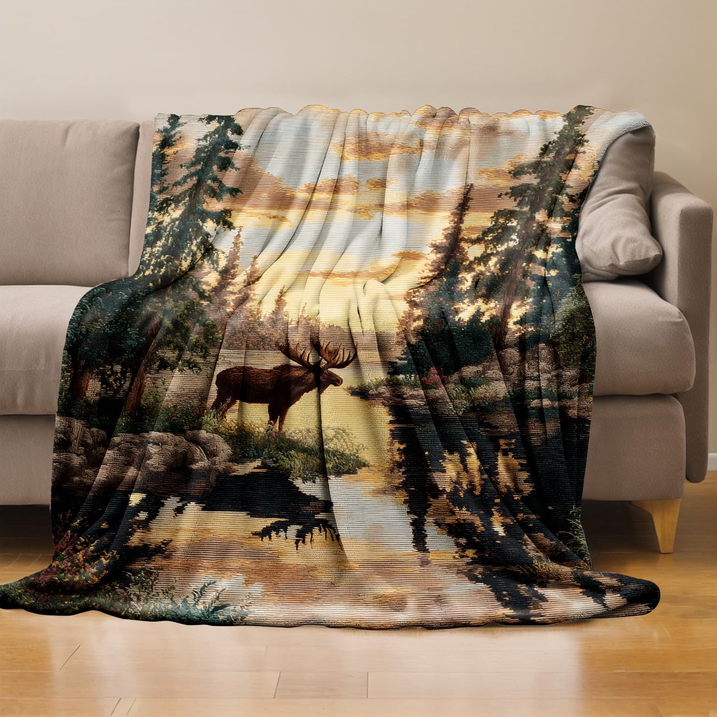 RQTWC Moose Sunset Landscape Throw Blanket Gifts for Boys Girls Kids Adults, Wildlife Forest Lake Theme Flannel Blankets for Travel Sofa Living Room Decor 50"X60"
