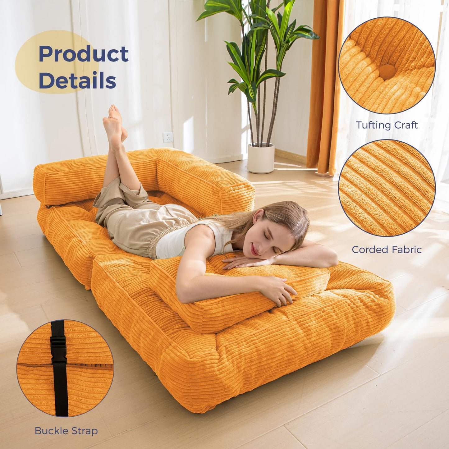 MAXYOYO Folding Sofa Bed, L-Shaped Convertible Sofa Bed Foldable Couch with Pillow, Portable Fold Out Chair Lounge for Living Room Bedroom, Orange