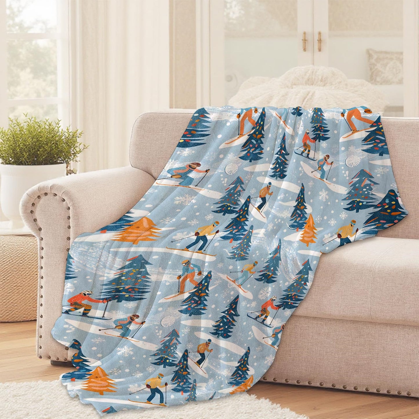 Winter Skiing Throw Blanket for Girls Boys Kids Adults, 50x60 in, Cozy Flannel Blanket for Bedroom, Camping, Couch, Room Decor, Fuzzy Warm Soft Gifts