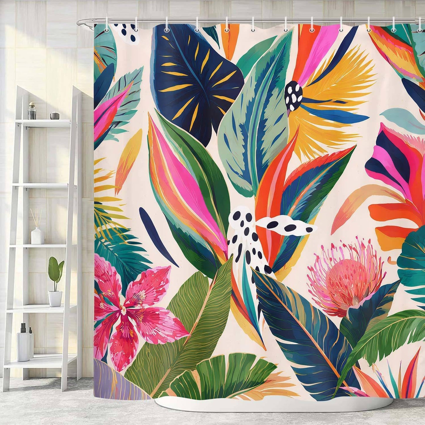 Hjokiupt Colorful Floral Shower Curtain, Boho Abstract Art Modern Asthetic Plant Leaf Bathroom Curtains, Waterproof Polyester Fabric Accessories Bath Curtain with Hooks 72x72 Inch