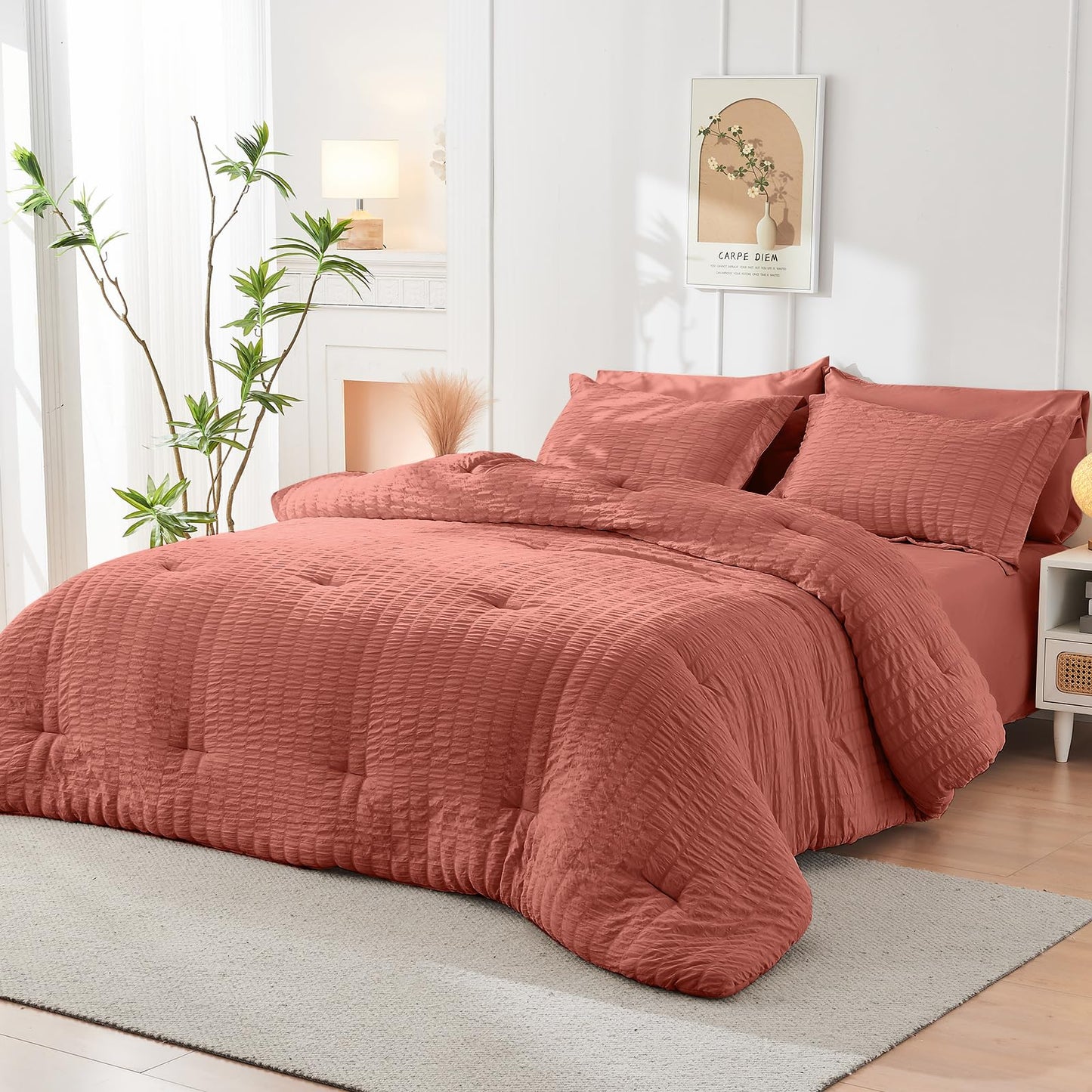HYMOKEGE Coral Twin Comforter Set Seersucker 5 Pieces, All Season Luxury Bed in a Bag for Bedroom, Bedding Set with Comforter, Sheets, Pillowcase & Sham