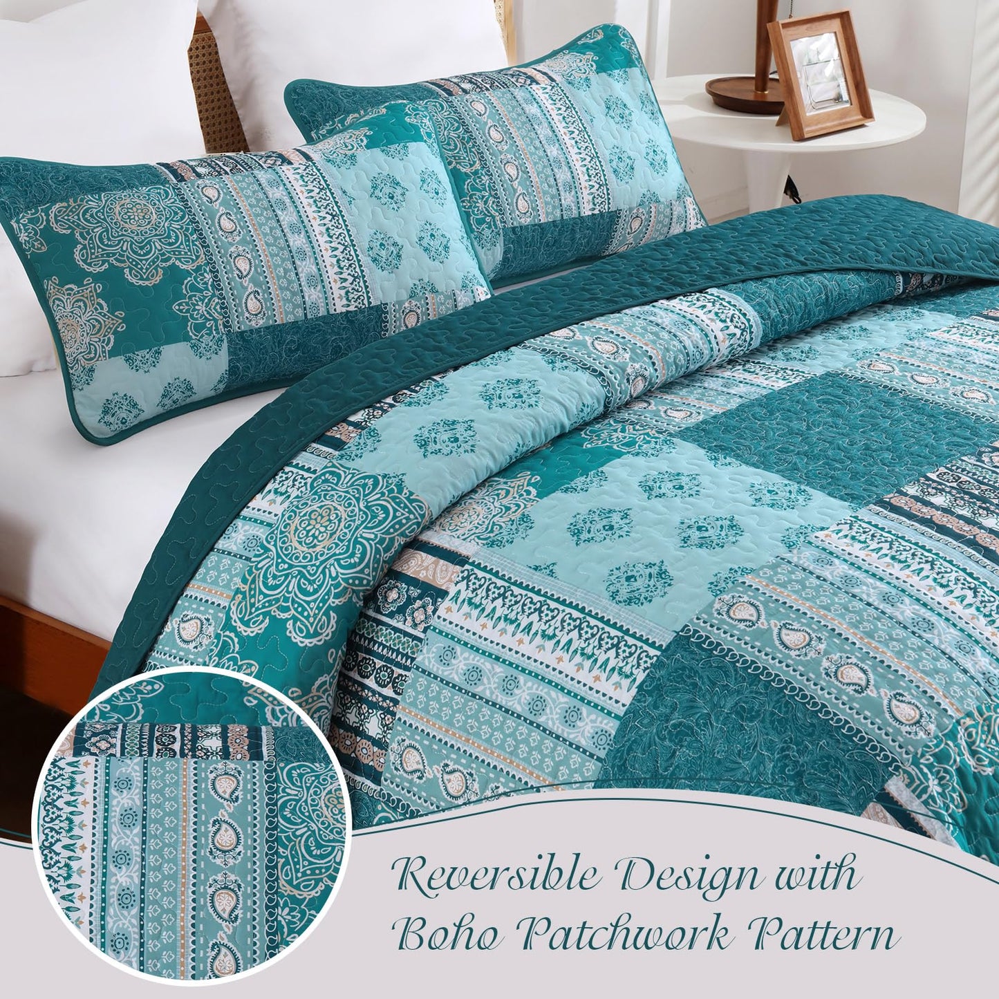 Dintszyayue Patchwork Quilt Set Queen Size,3 Pieces Teal Boho Bedspread Coverlet Set Turquoise Plaid Bohemian Quilt Bedding Set Reversible Bed Cover Soft Lightweight Coverlet Set (Queen,96"x90")