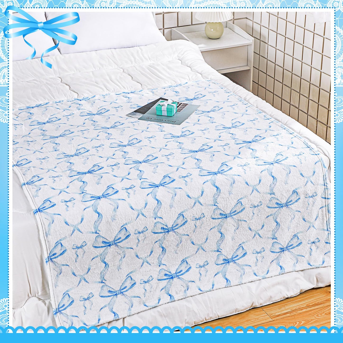 Buryeah Blue Bow Throw Blanket Valentine's Day Galentines Day Gifts Preppy Blanket Coquette 50 X60 Flannel Soft Cute Bow Lightweight Aesthetic Room Decor for Women Friends for Sofa Couch Travel Bed
