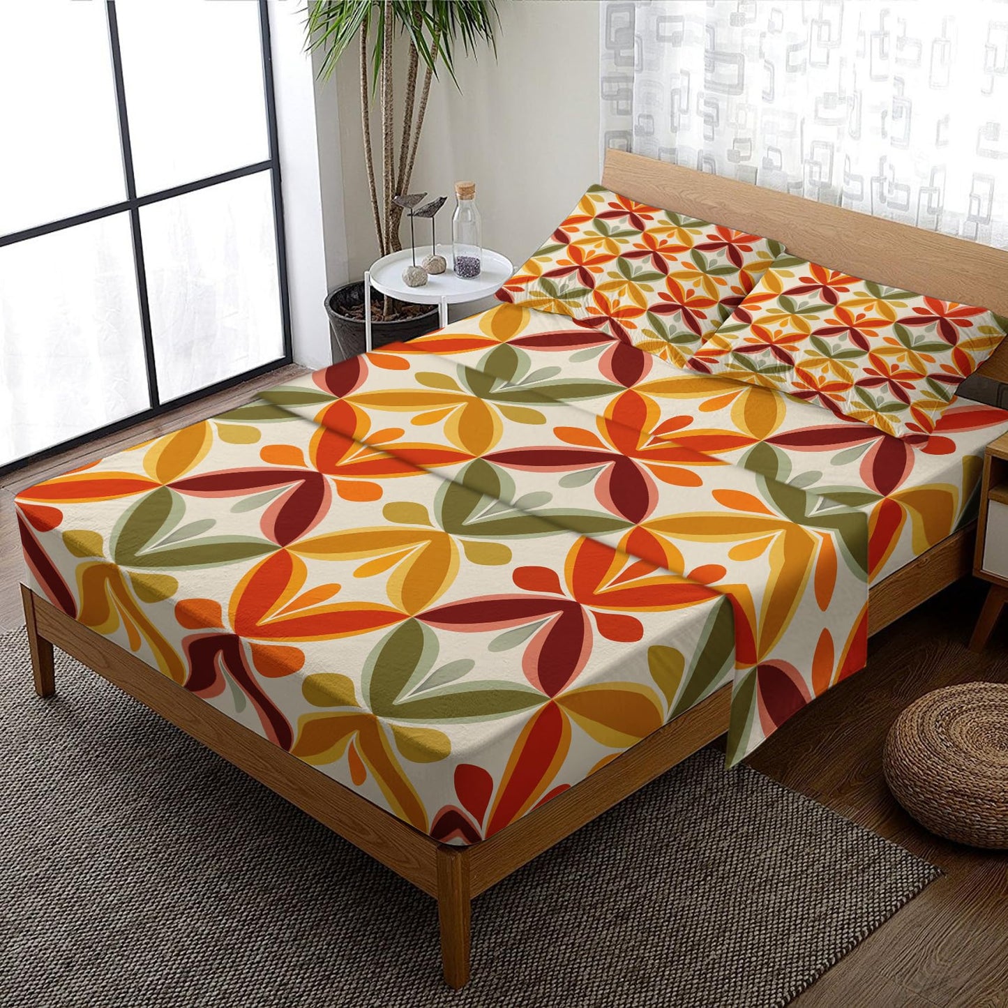 NOGAWA Retro Geometric Sheets Full Size, 70s Bed Sheets, Colorful Bedding Sheets, Pillowcases 4 Piece Set, Microfiber Deep Pocket Fitted Sheet, Flat Sheet, 2 Pillow Cases