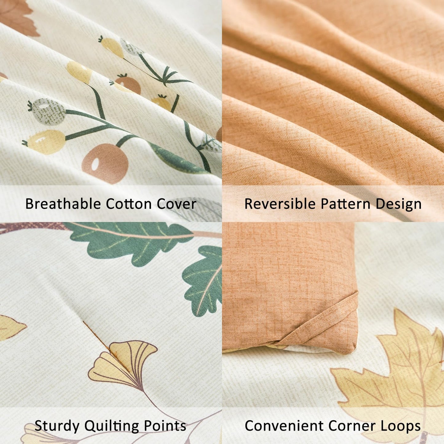 LEMIROE Botanical Cotton Comforter King Size - Luxurious Design with Maple Leaves and Branches on Beige, Textured Maple Orange Back, 3PC Lightweight Bedding Set with Ultra-Soft Alternative Fill