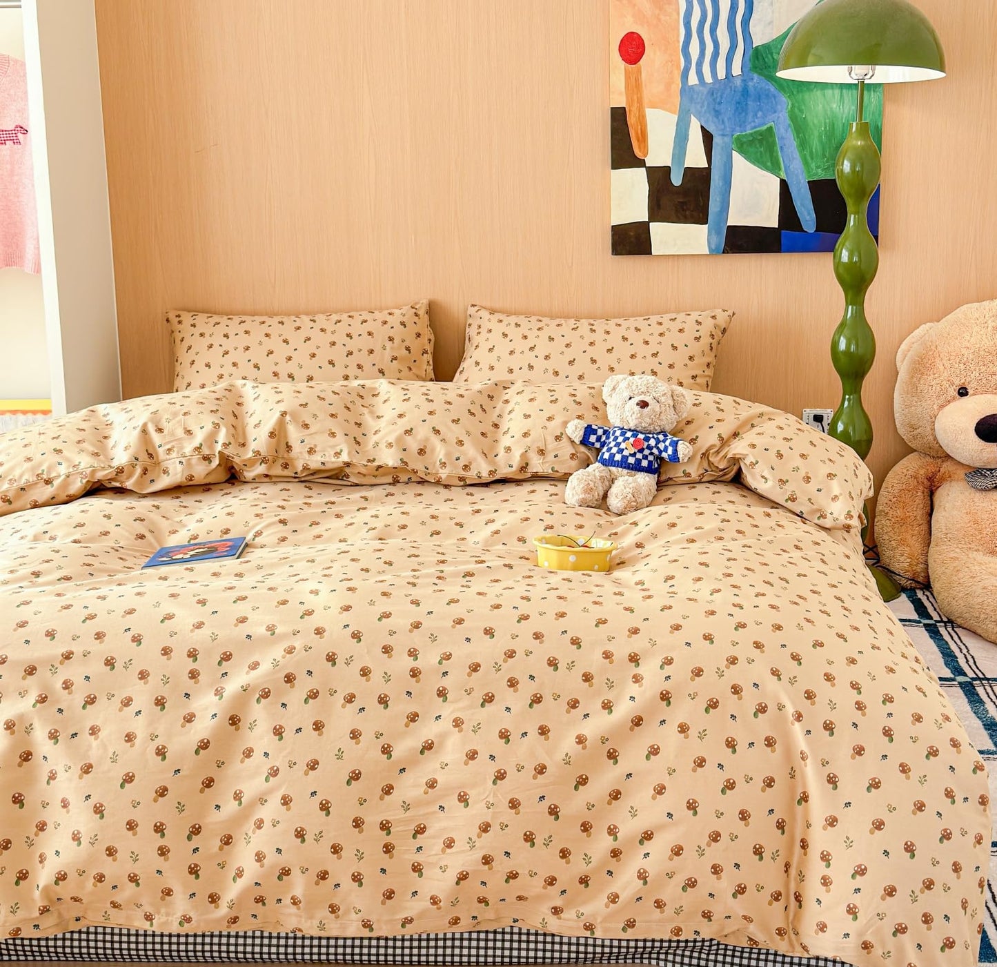 LIWHENHAO Mushroom Duvet Cover Set Twin 100% Cotton Bedding Cartoon Brown Mushroom Red Flowe on Beige 1 Cute Kawaii Plant Garden Comforter Cover Zipper Closure 2 Pillowcases for Kids Girls Boys