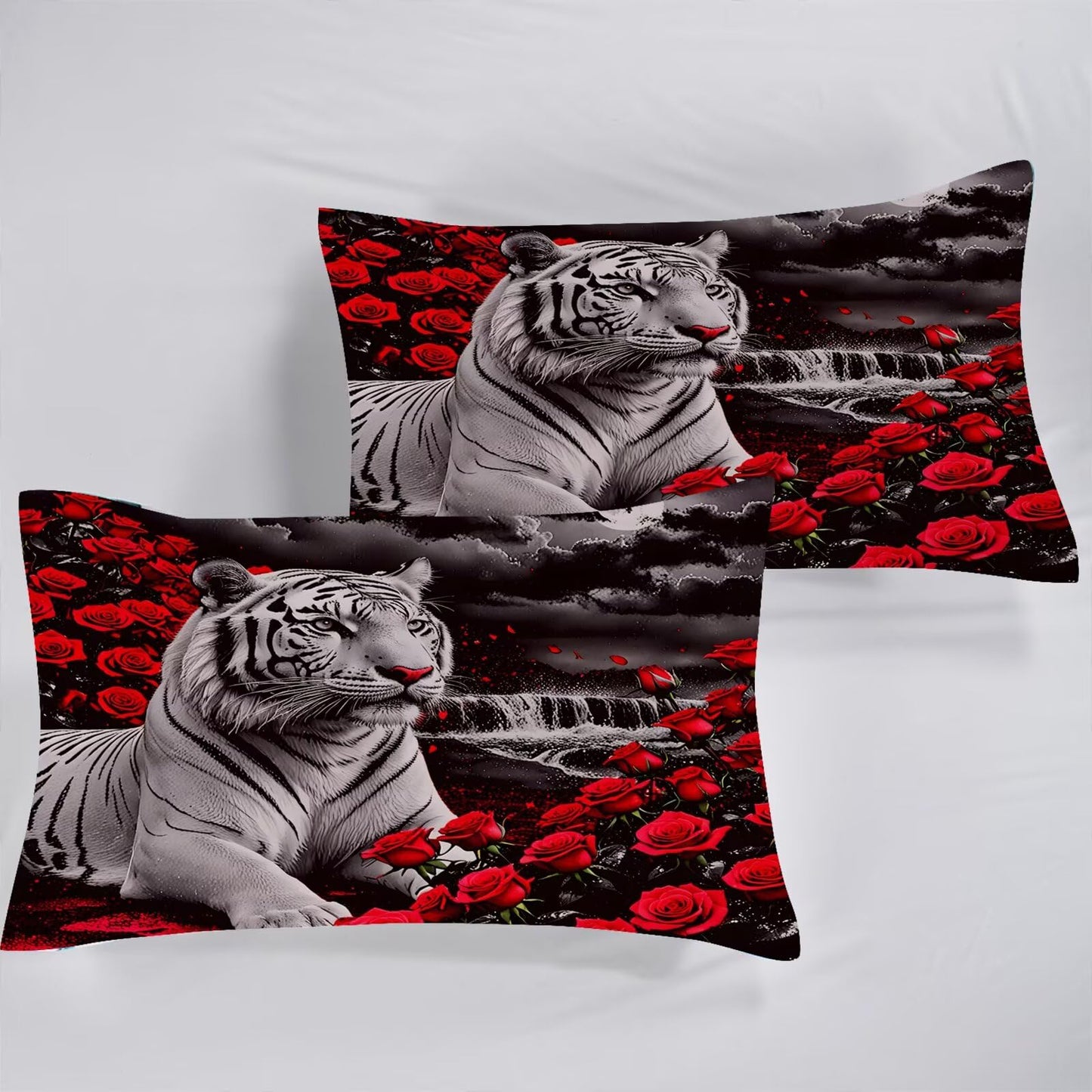 VTKON Rose Tiger Sheets Set Twin for Girls Boys Women and Men Red Black Animal Print Bedding Set 3D Tiger Bed Set with 1 Flat Sheet 1 Fitted Sheet and 1 Pillowcase