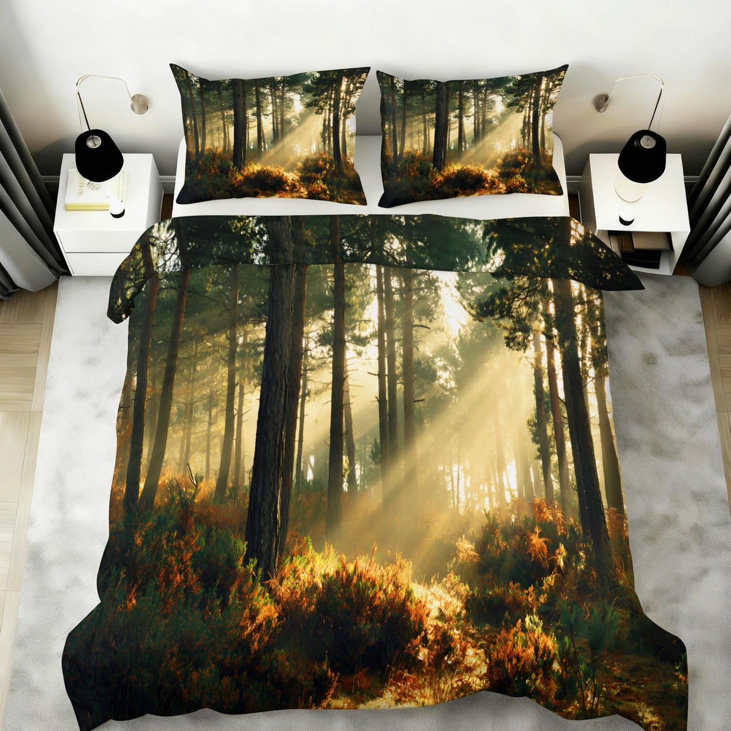 Forest Comforter Cover Full Size 80" x 90", Sunshine Forest Duvet Cover, Natural Woodland Tree Bedding Set with 2 Pillowcases