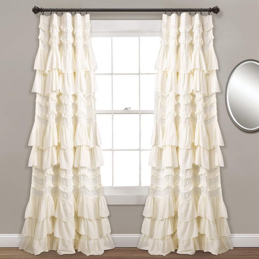 Lush Decor Kemmy Light Filtering Window Curtain Panel Single 52" W x 84" L Ivory - Drapes - Ruffled Curtains for Bedroom - Cream Curtains - Coquette Decor