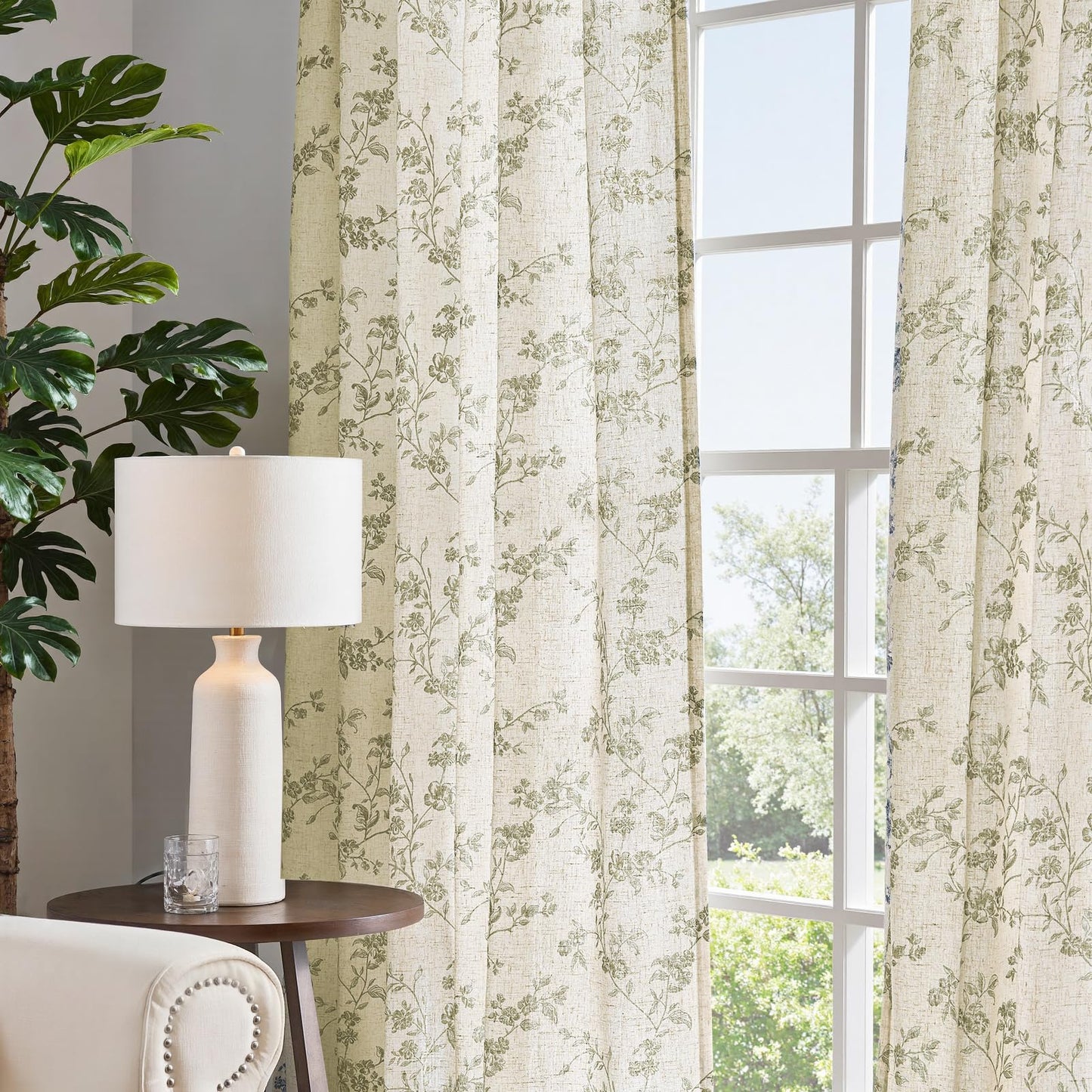 jinchan Linen Floral Curtains 63 Inch Farmhouse Country Flower Drapes Rustic Window Curtains Light Filtering for Living Room Bedroom Laundry Back Tab 2 Panels Green on Beige