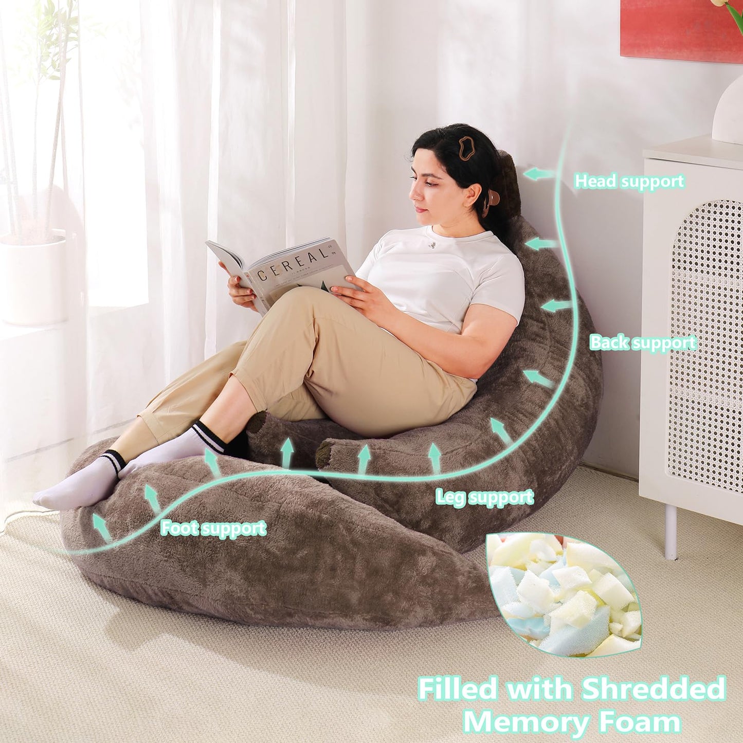 IEVENW Banana Bean Bag Chair with Ottoman, Floor Sofa Bed with Footrest, Comfy Convertible Lounger for Teens & Adults, Plush Couch for Bedroom, Living Room or Dorm, M-Coffee
