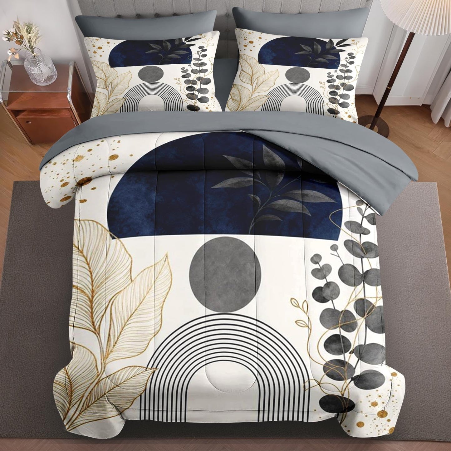 Boewywh Comforter Set Twin Size Abstract Boho Botanical 7 Pcs, Bedding for Kids and Adults, Gold Navy Bed Sheet Sets with Fitted Sheet 2 Pillowcases & 2 Shams for Bedroom Bed Decor