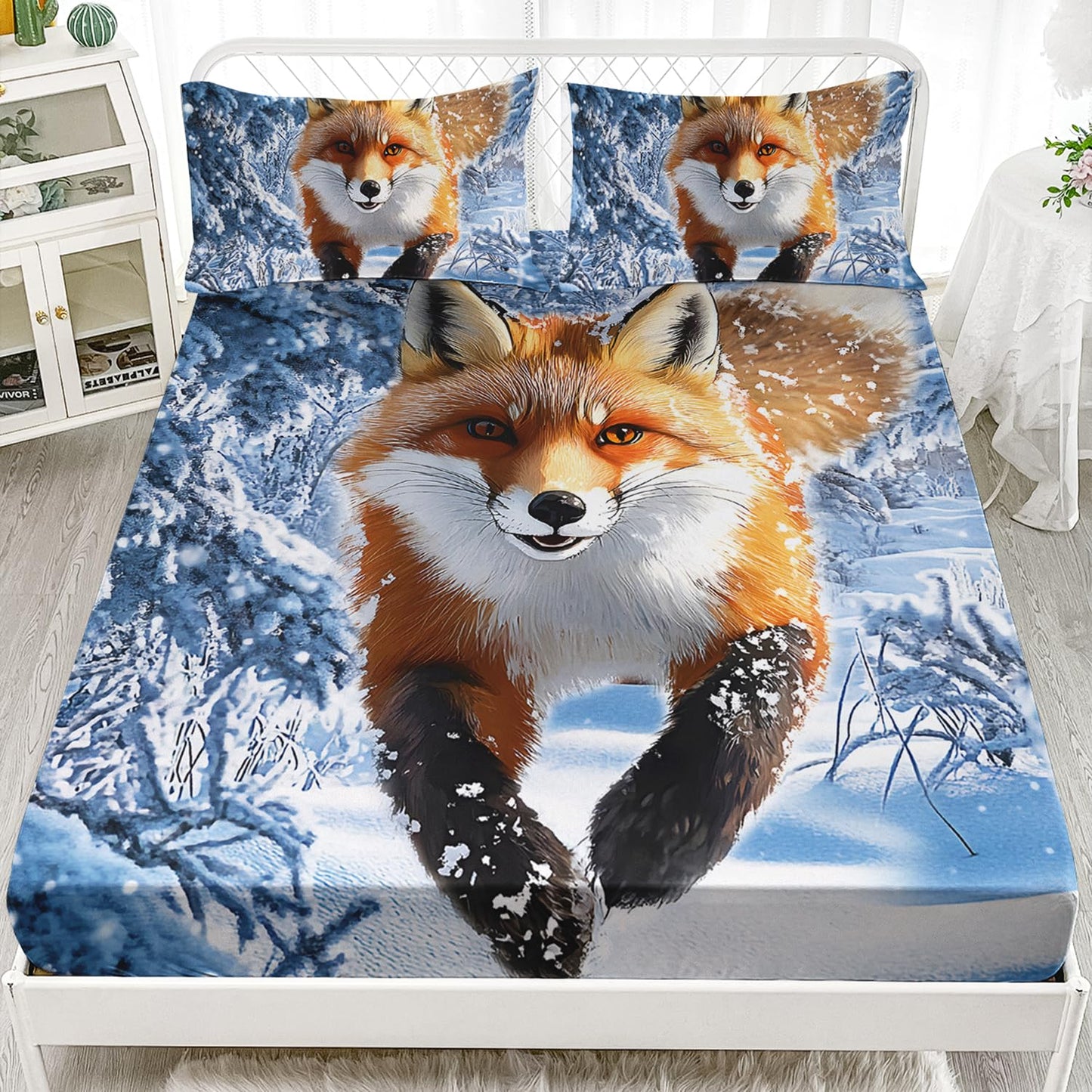 AILONEN Kawaii Fox Fitted Sheet Set Twin Size,Red Snow Fox Bed Sheet Set,Kids Winter Forest Animal Printed Soft Fitted Sheet + 2 Pillowcases,3Pcs