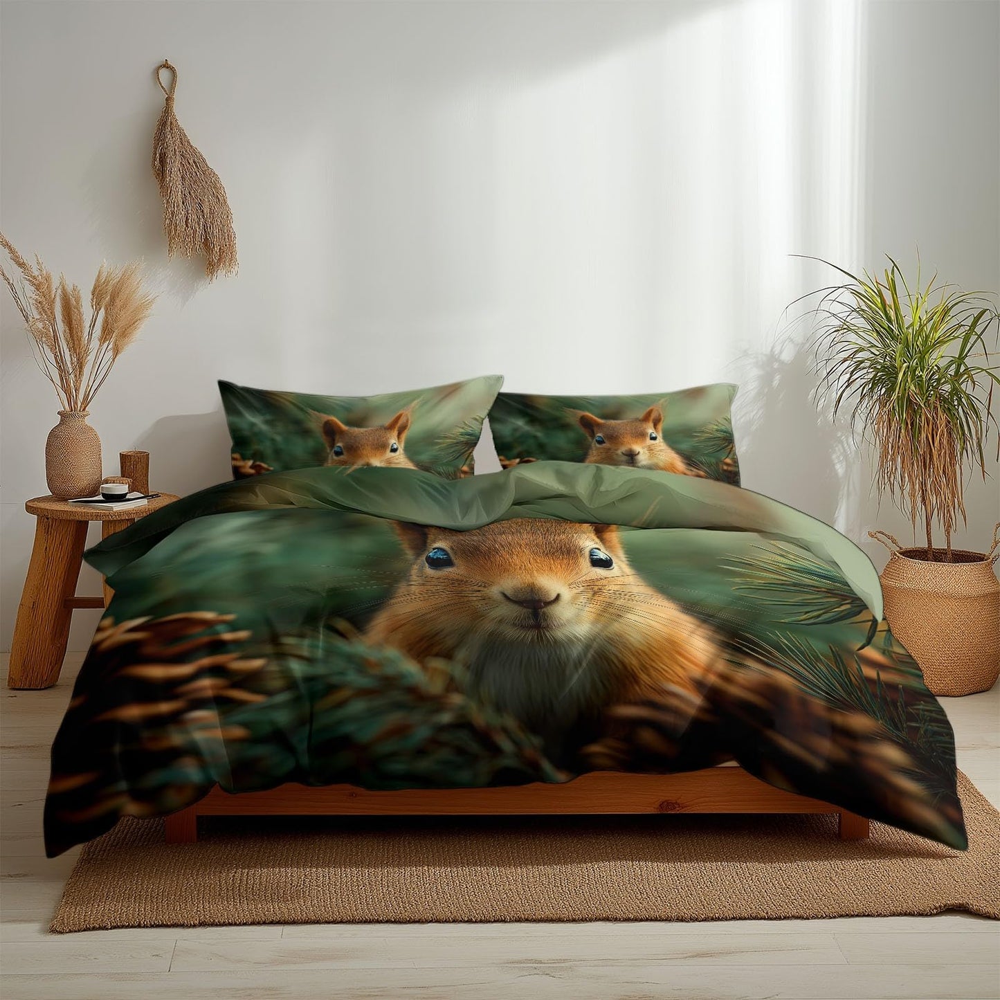 Super Soft Photorealism Duvet Cover Set Twin Size, Hyperrealism Pine Cones Squirrel Bedding for Kids Boys Girls Teens - Breathable and Anti-Allergic Soft Comforter Cover 2 Pillow Shams