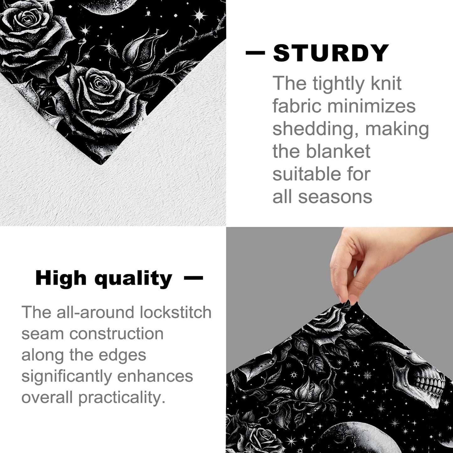 cromcu Skull Throw Blanket Warm Lightweight, Moon Rose Gothic Flannel Blankets Gifts for Women Men Goth Lovers, Home Decor Throws for Couch Sofa Camping Office Travel, Black 60"X50"