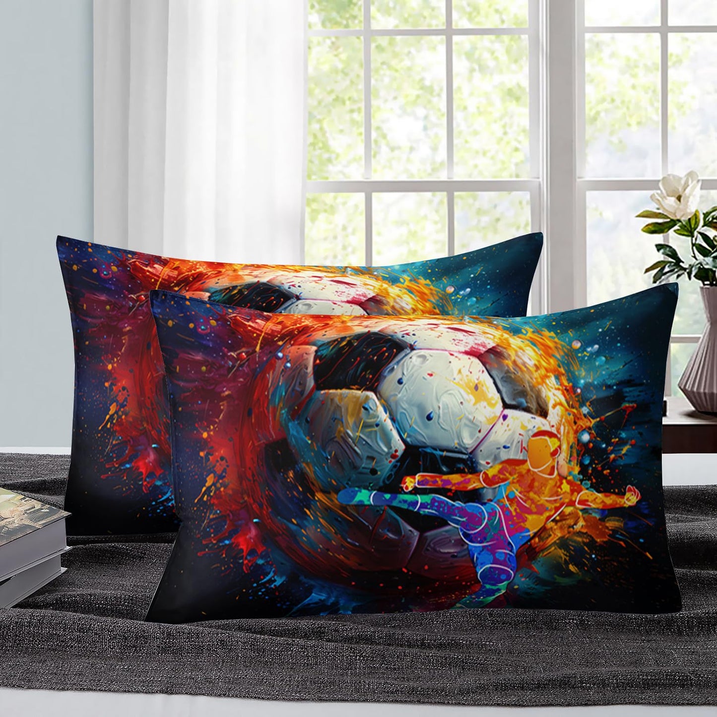 AILONEN Sport Soccer Comforter Set Queen Size,3D Oil Painting Football Printed Bedding Set Decor,Football Player Soft Microfiber Comforter with 2 Pillowcases,3-Piece All Season